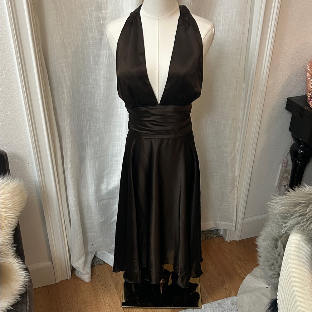 Chic Brown Silk Backless Halter Dress